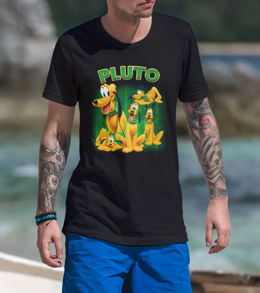 Pluto Classic Disney Character With Multiple Expressions On Green T-Shirt