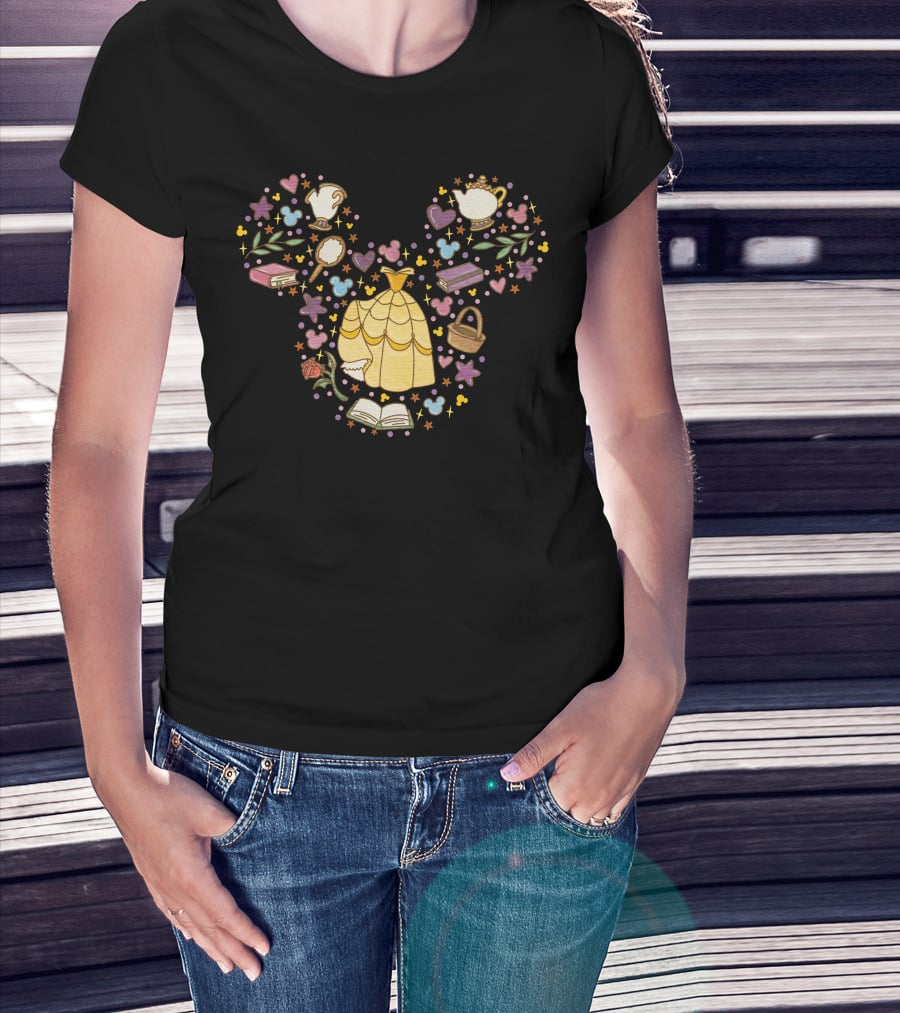 Belle Enchanted Castle Objects With Dress Roses Books And Teapot In Mouse Ears Shape T-Shirt