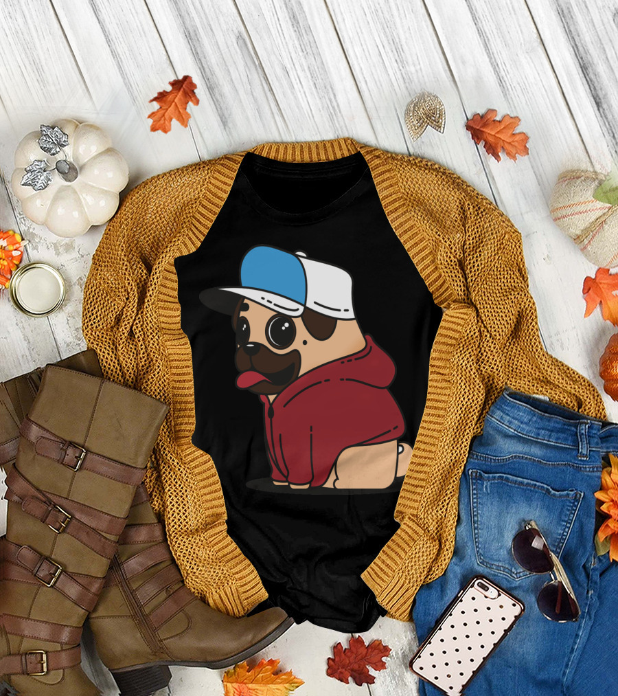 Adorable Pug Wearing Red Hoodie and Blue-White Cap T-Shirt