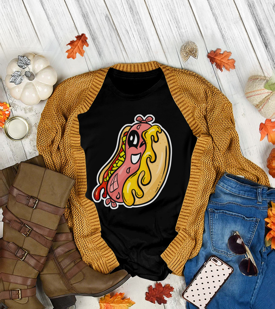 Cartoon Hot Dog Character with Melting Cheese and Happy Expression T-Shirt