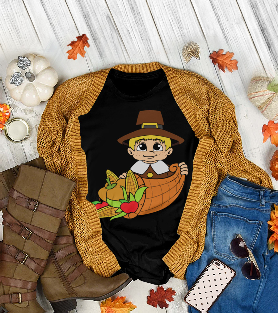 Thanksgiving Pilgrim with Cornucopia Pumpkins and Harvest T-Shirt