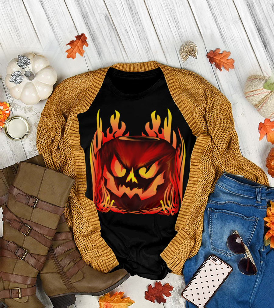 Big Flaming Pumpkin Face in Fiery Red and Orange T-Shirt