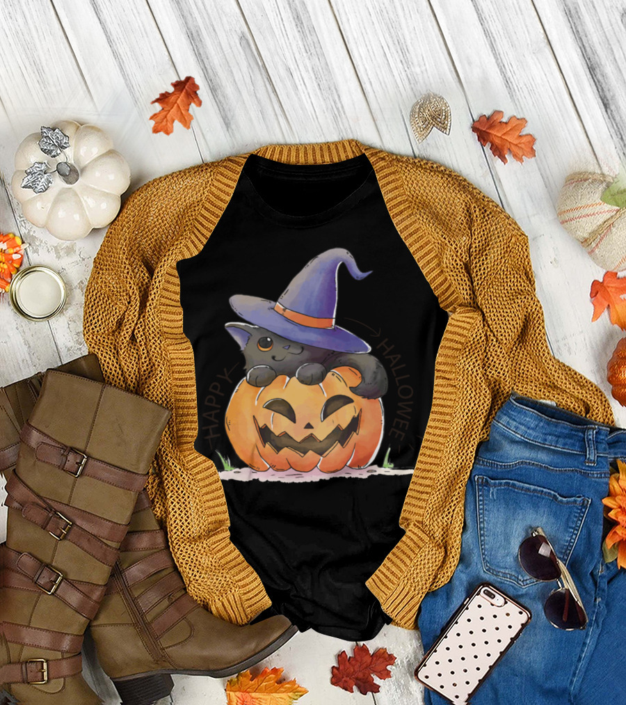 Happy Halloween Cat Pumpkin Hat T-Shirt