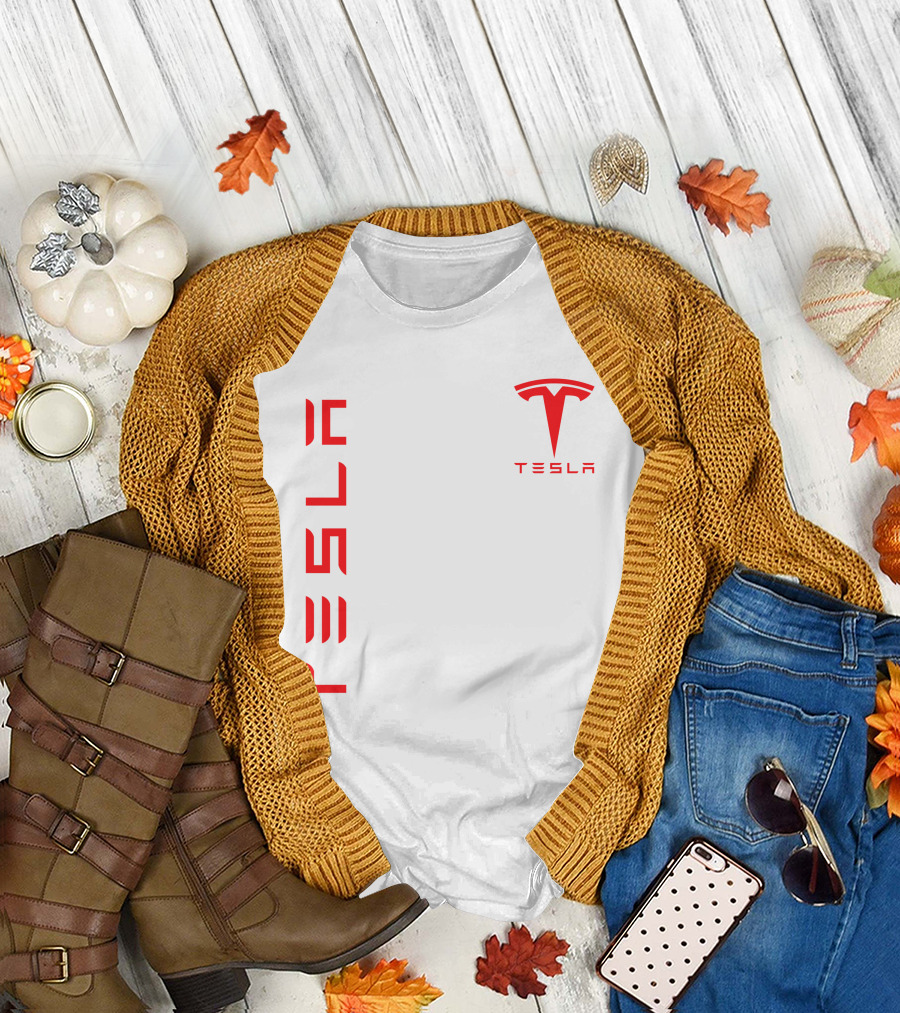 Tesla Vertical and Logo Red T-Shirt