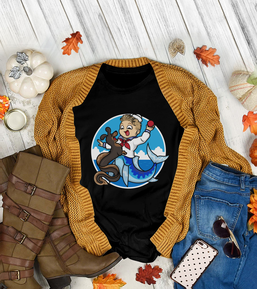 A Merboy and His Sailor Outfit Playing Fetch with Sea Dog T-Shirt