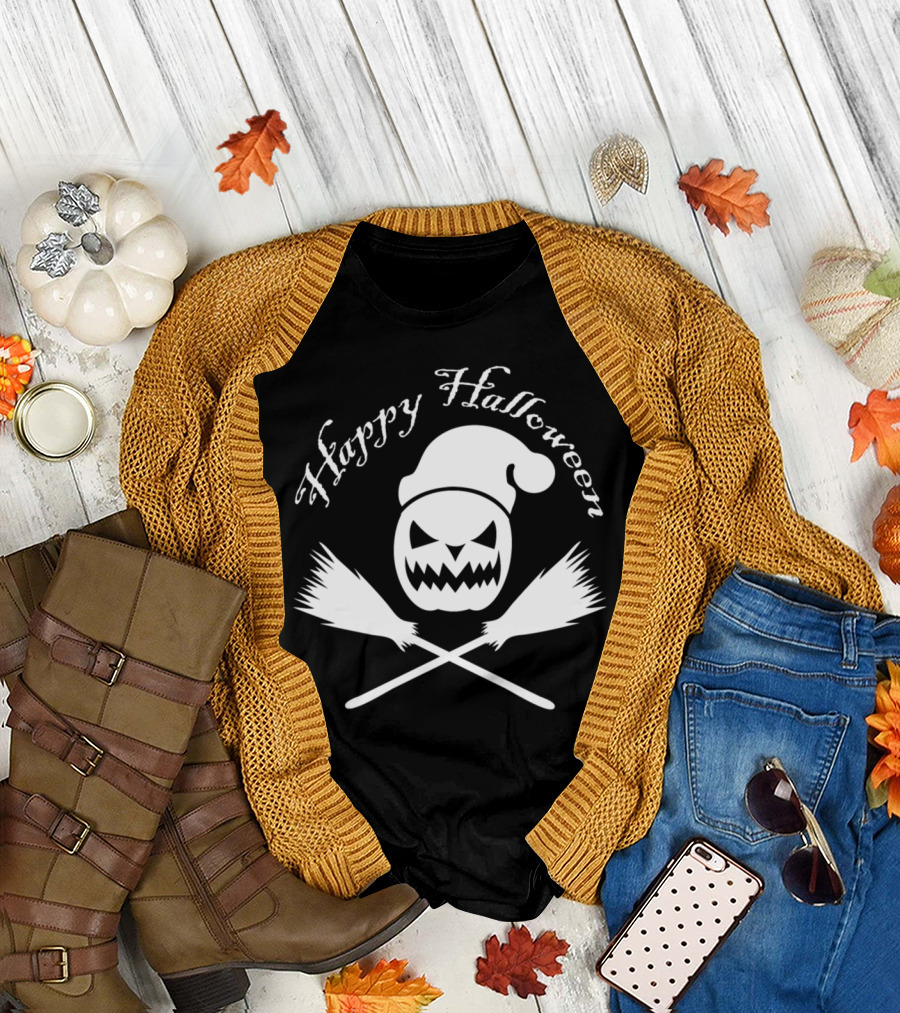 Happy Halloween Pumpkin with Santa Claus Hat and Broomsticks T-Shirt