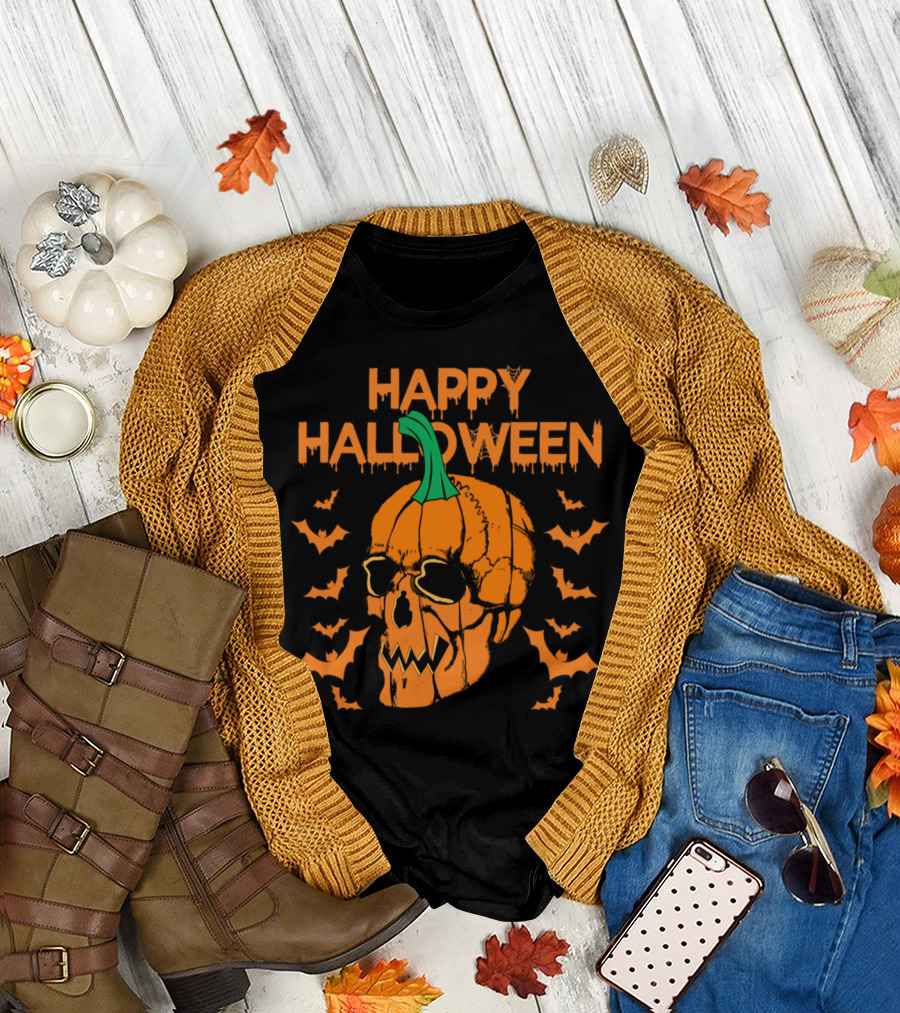 Happy Halloween Skull Bats Pumpkin T-Shirt