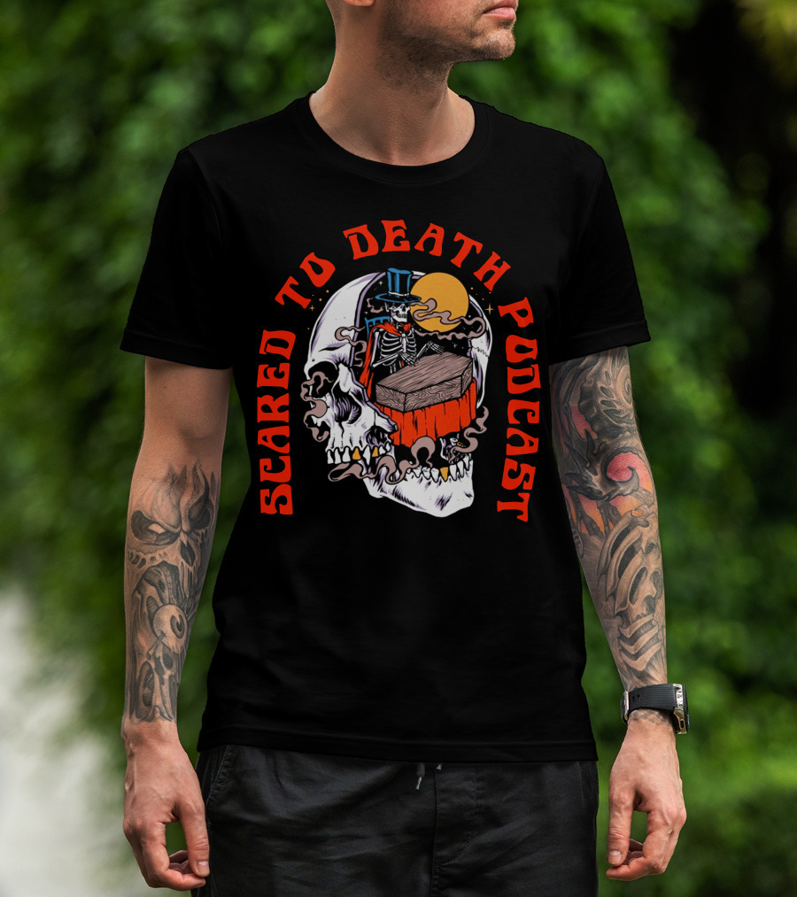 Scared To Death Podcast Skeleton Coffin Moon Skull T-Shirt