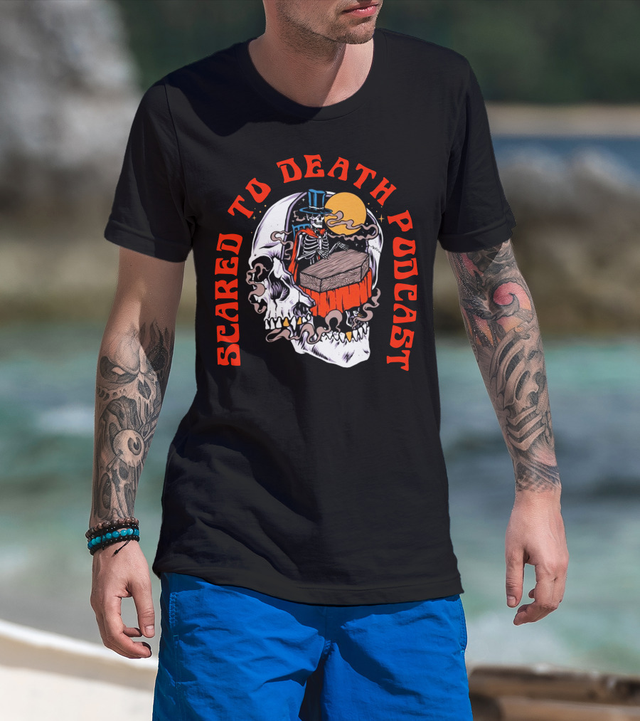 Scared To Death Podcast Skeleton Coffin Moon Skull T-Shirt