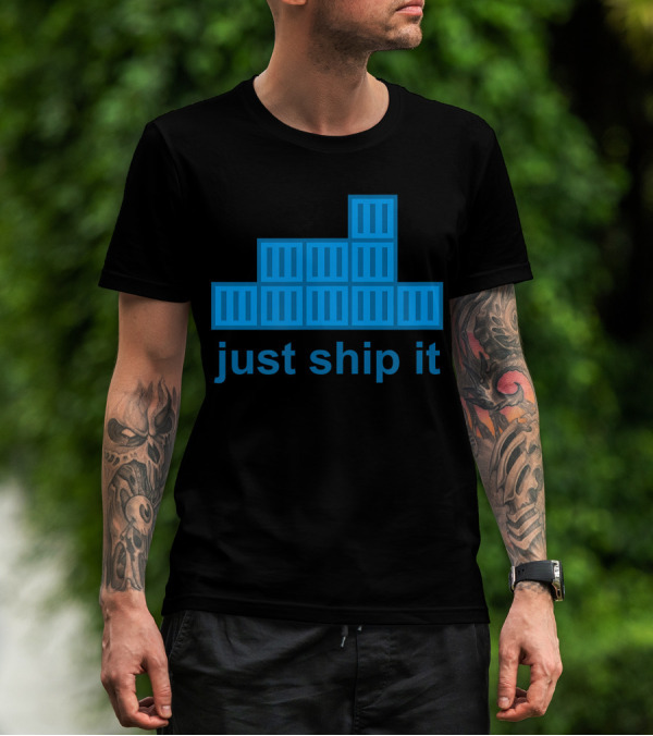 Just Ship It Docker Programming Hackathon Navy Blue Stacked Containers T-Shirt