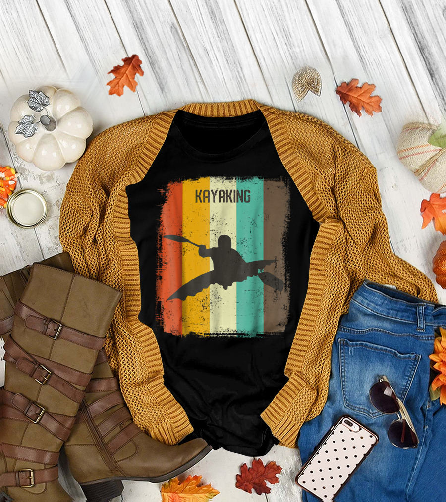 Kayaking Retro 70s Vintage River Kayak Silhouette Adventure Stripes T-Shirt