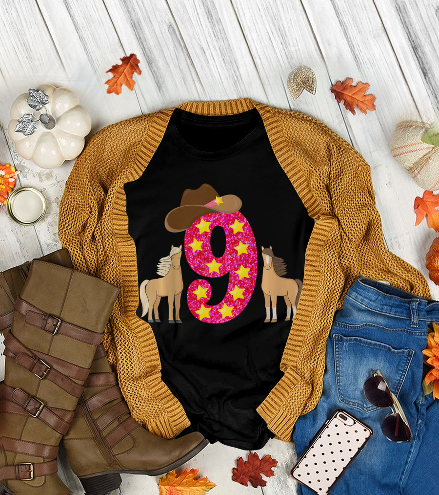 Kids 9 Year Old Cowgirl Birthday Stars Horses Hat T-Shirt