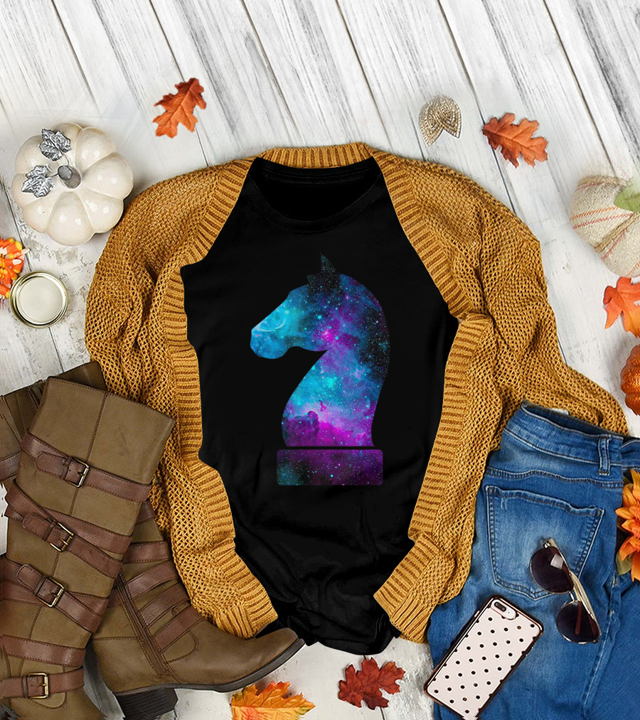 Midnight Horse Knight Chess Piece Galaxy Starry Night Sky T-Shirt