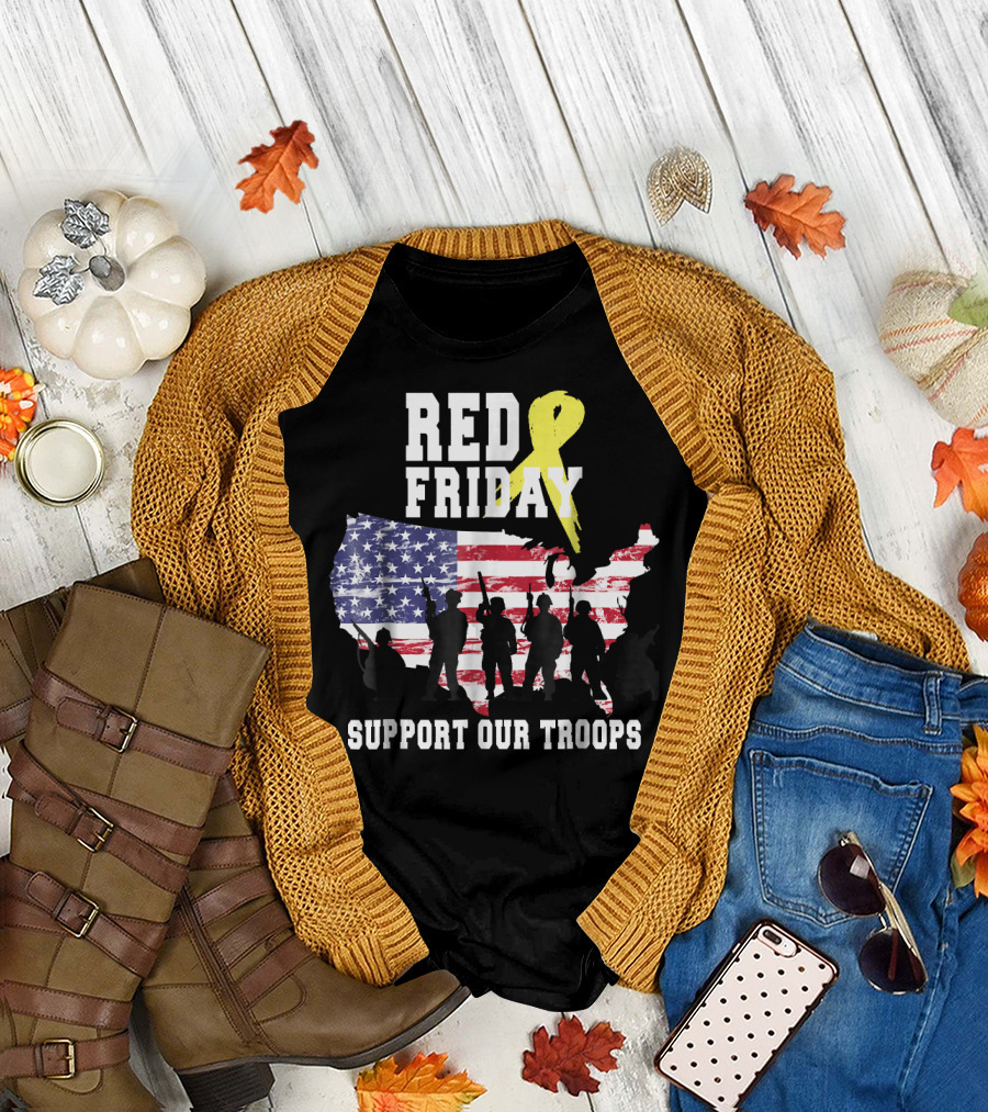 RED Friday Support Our Troops Remember Everyone Deployed Yellow Ribbon USA Flag T-Shirt