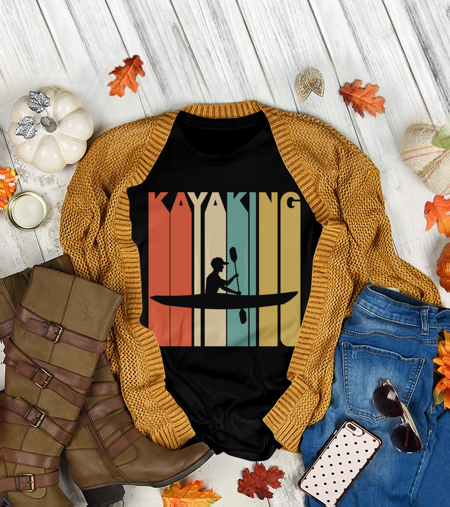 Kayaking Retro 1970's Style Silhouette Vintage Stripes T-Shirt