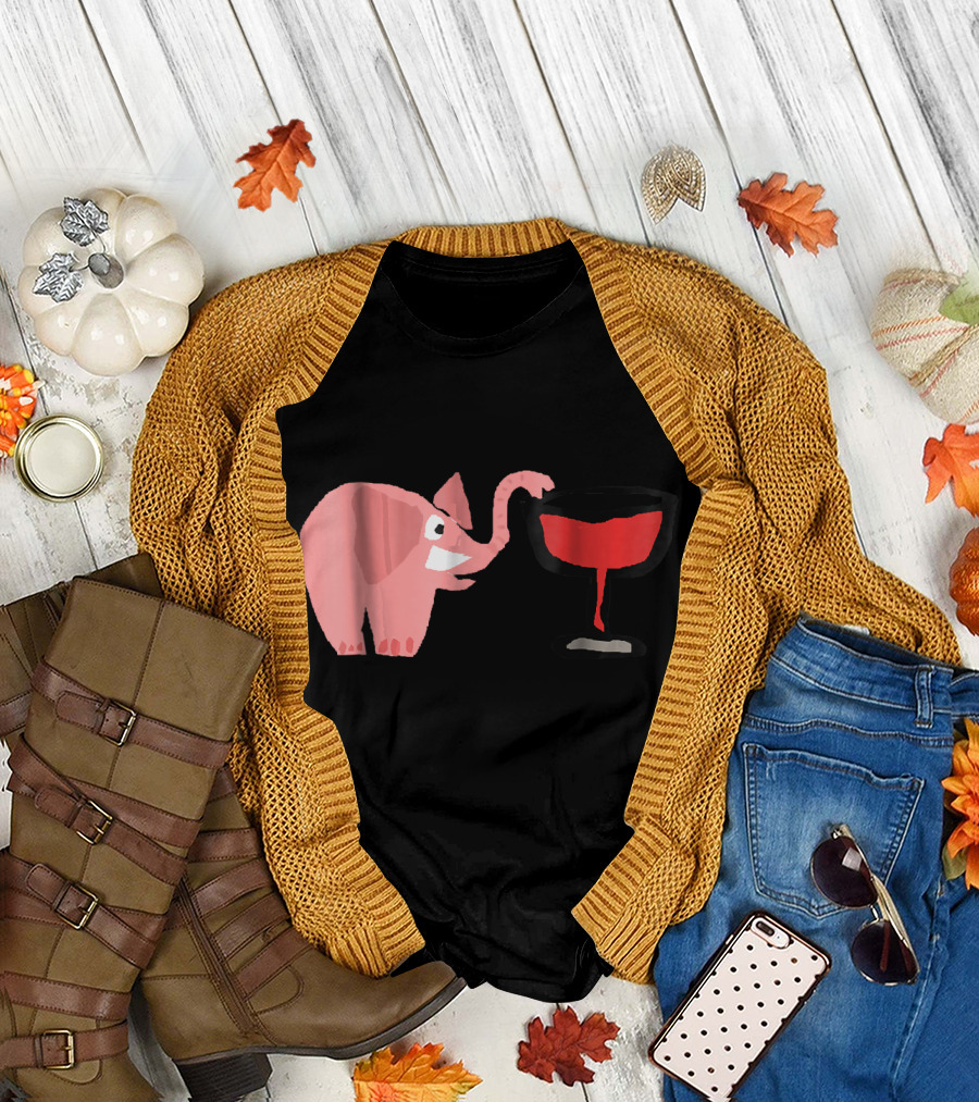 Smilenowtees Funny Pink Elephant Drinkin Wine Glass T-Shirt