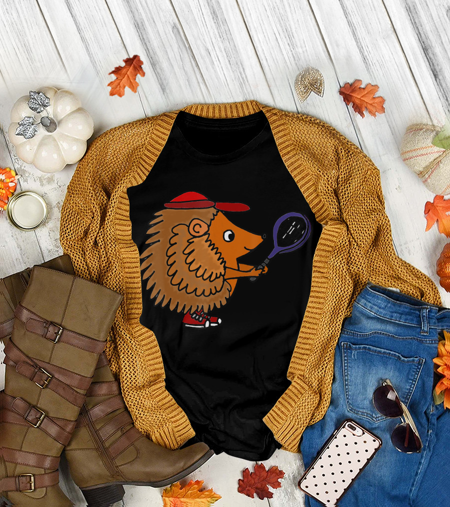 Smiletodaytees Funny Hedgehog Playing Tennis with Red Cap and Sneakers T-Shirt