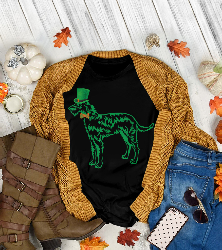 St Patricks Day Irish Wolfhound with Leprechaun Hat and Bow Tie T-Shirt