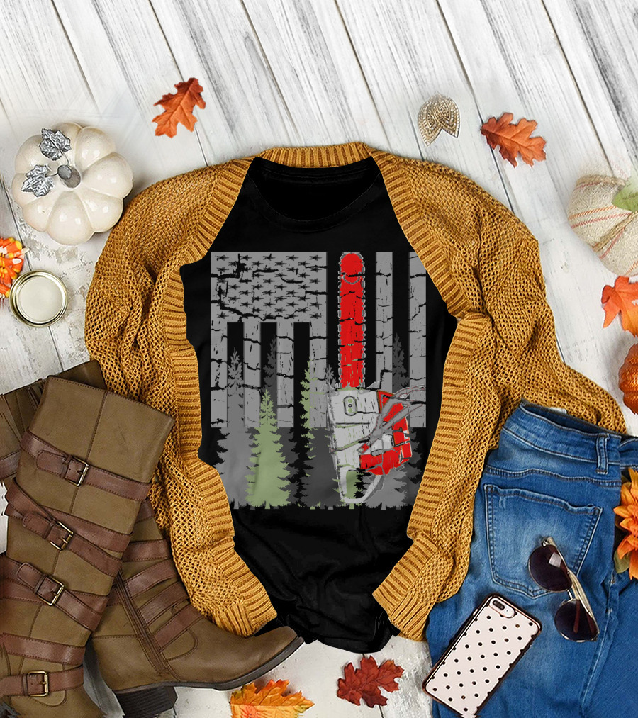 Thin Red Line Chainsaw Forest American Flag T-Shirt