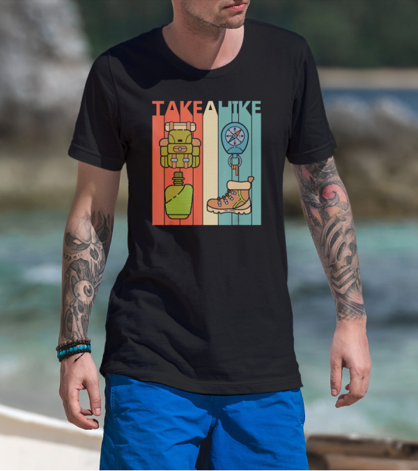 Vintage Take A Hike Hiker Backpack Compass Boot T-Shirt