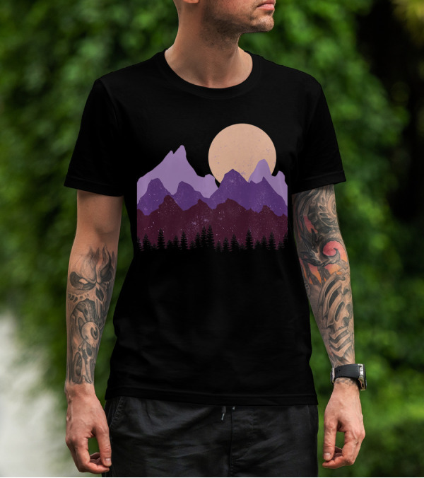Vintage Mountain Hiking Moonlit Forest Scene T-Shirt