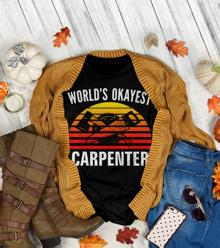World's Okayest Carpenter Vintage Sunset Saw and Axe T-Shirt