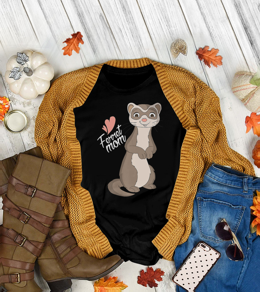 Ferret Mom with Heart and Cartoon Ferret T-Shirt