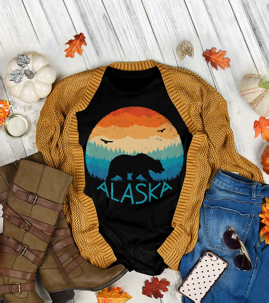 Alaska Retro Bear Silhouette with Colorful Mountain Sunset T-Shirt