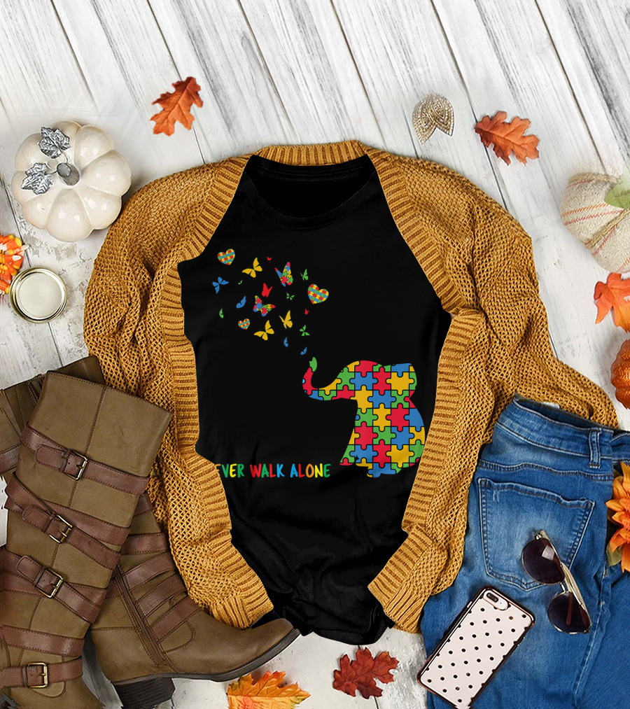 Autism Awareness Elephant Never Walk Alone Puzzle Pattern Butterflies Hearts T-Shirt