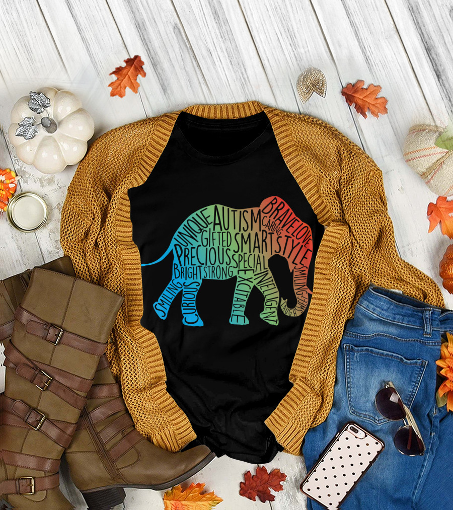 Autism Awareness Elephant Word Collage Brave Unique Gifted Smart Precious Special Strong Bright Curious Smiling T-Shirt