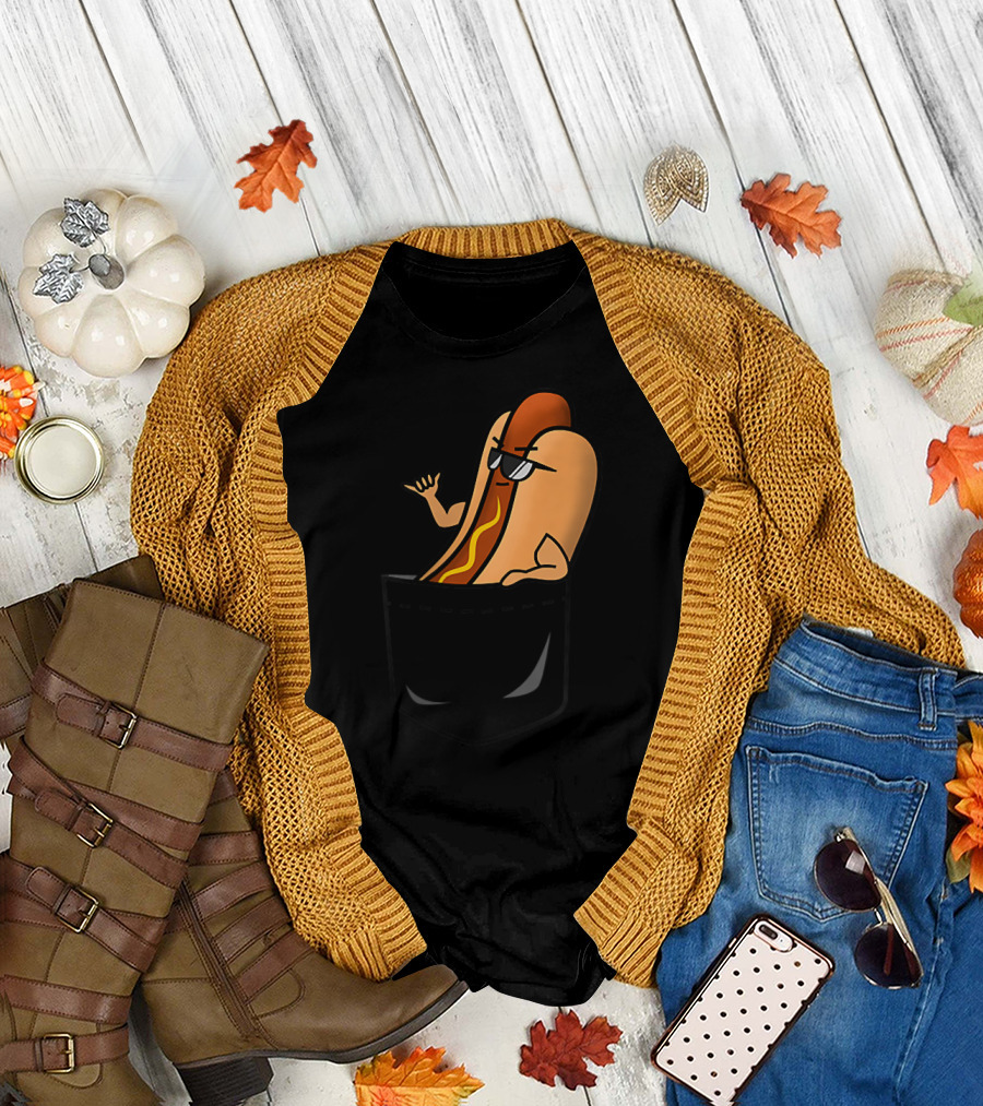Awesome Funny Shaka Hang Loose Hotdog in Sunglasses Pocket T-Shirt