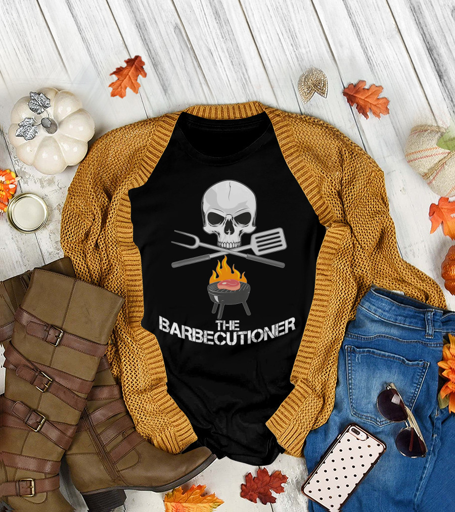 The Barbecutioner Skull and Crossed Utensils with Flaming Grill T-Shirt
