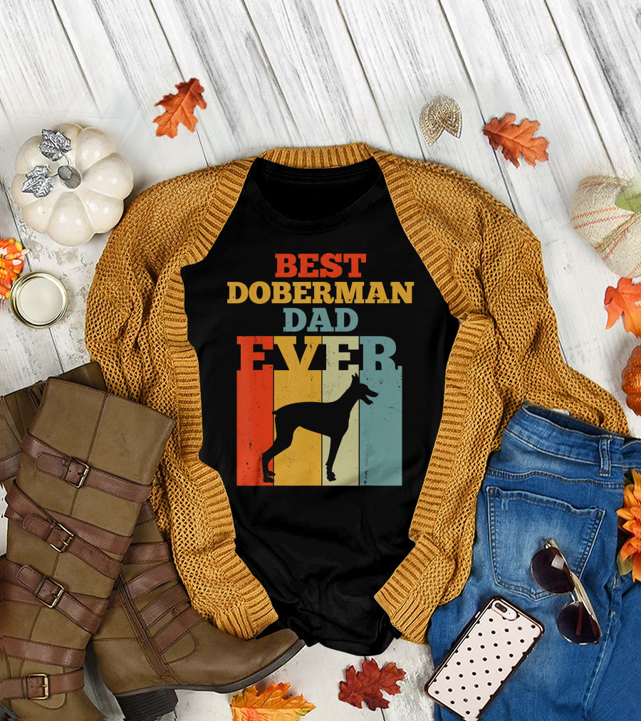 Best Doberman Dad Ever Vintage Silhouette Retro Stripes T-Shirt