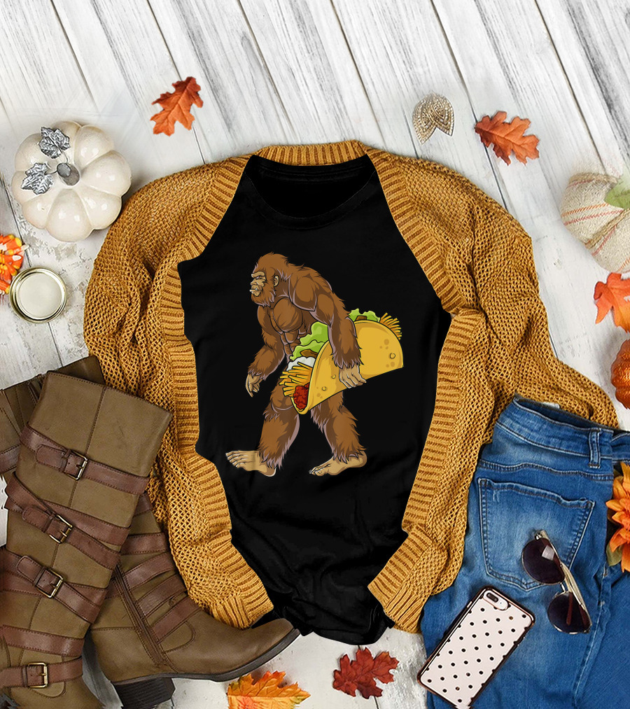 Bigfoot Carrying Taco Cinco de Mayo Humor T-Shirt