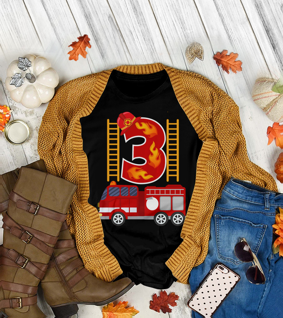 Birthday Number 3 Firetruck Firefighter Hat T-Shirt