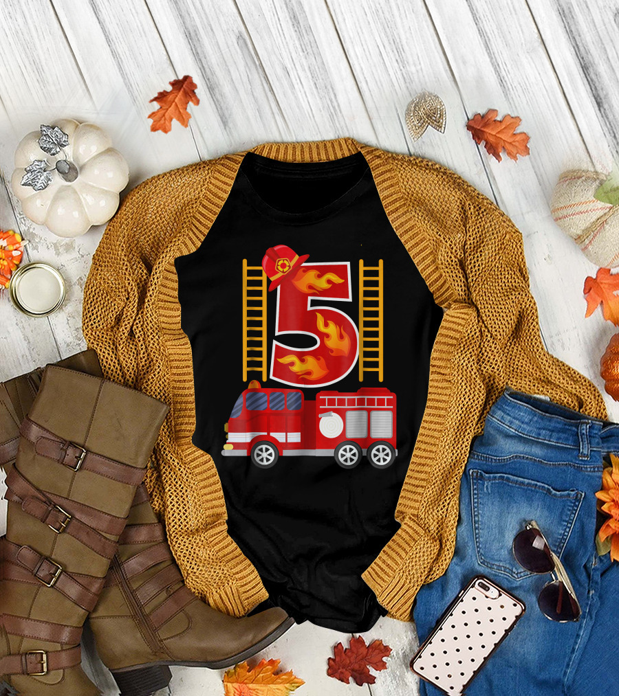 Birthday Number 5 Firefighter Fire Truck Flames T-Shirt