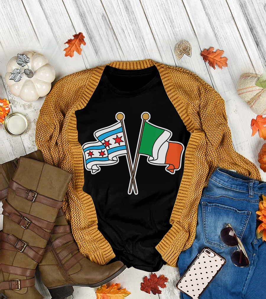 Chi rish Chicago Flag Irish Flag Crossed Banners T-Shirt