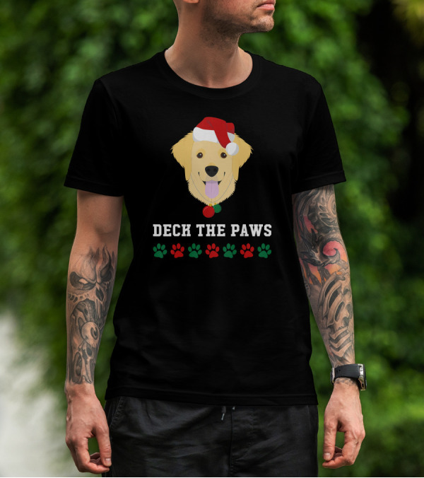 Deck The Paws Christmas Golden Retriever With Santa Hat And Paws T-Shirt