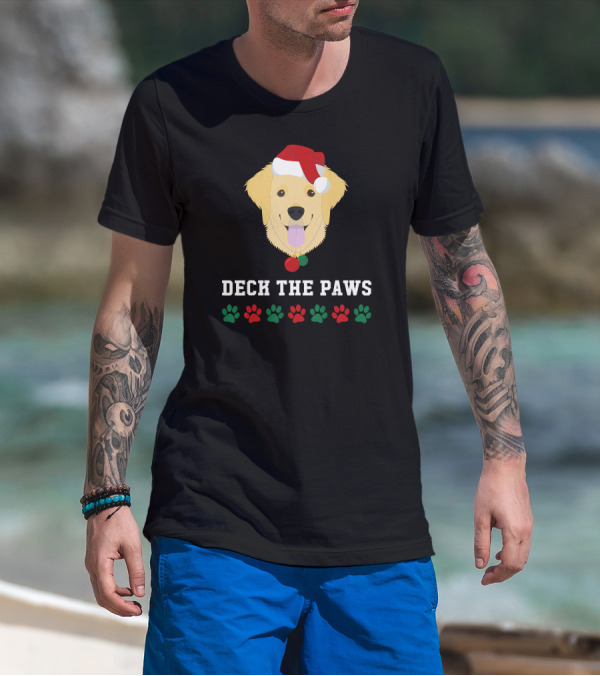 Deck The Paws Christmas Golden Retriever With Santa Hat And Paws T-Shirt