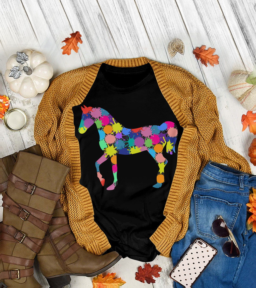 Colorful Dot Patterned Horse Love and Riding T-Shirt