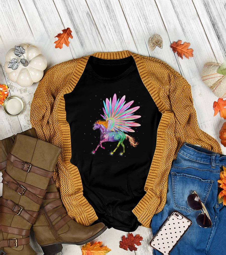 Vibrant Sparkling Rainbow Pegasus Horse with Multicolored Wings T-Shirt