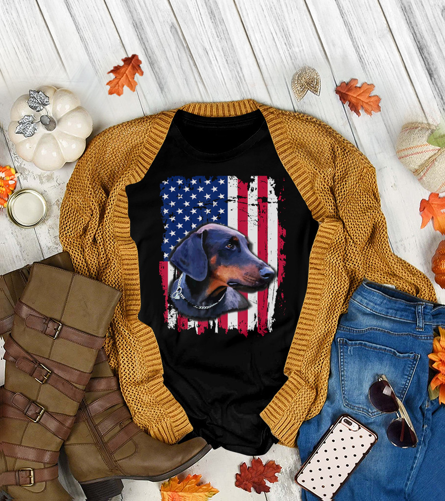 Doberman Pinscher American Flag 4th of July T-Shirt