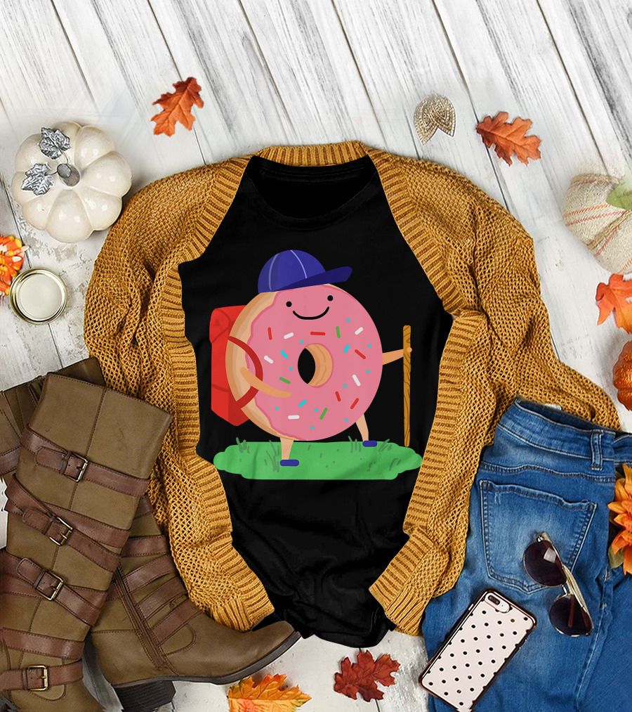 Donut Hiker with Backpack and Walking Stick for National Donut Day T-Shirt