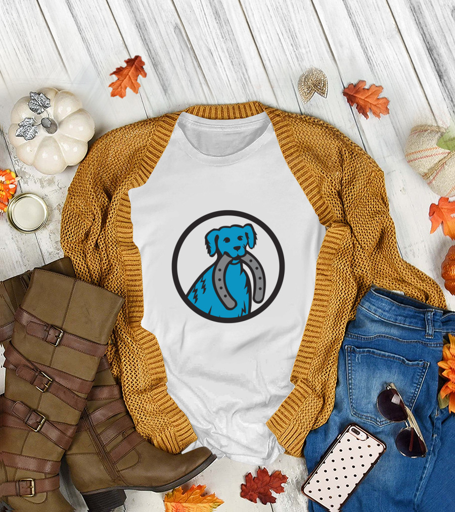 Blue Merle Dog Holding Horseshoe in Circular Emblem T-Shirt