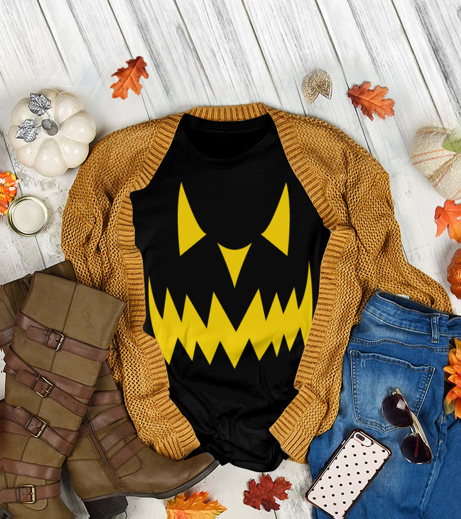 Happy Halloween Evil Pumpkin Smile Spooky Yellow Face T-Shirt