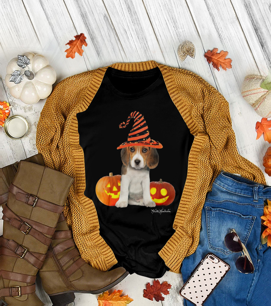 Keith Kimberlin Halloween Beagle Puppy in Witch Hat with Pumpkins T-Shirt