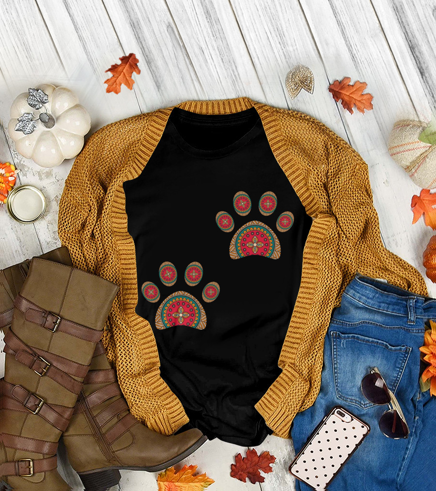 Colorful Mandala Dog Paw Prints T-Shirt