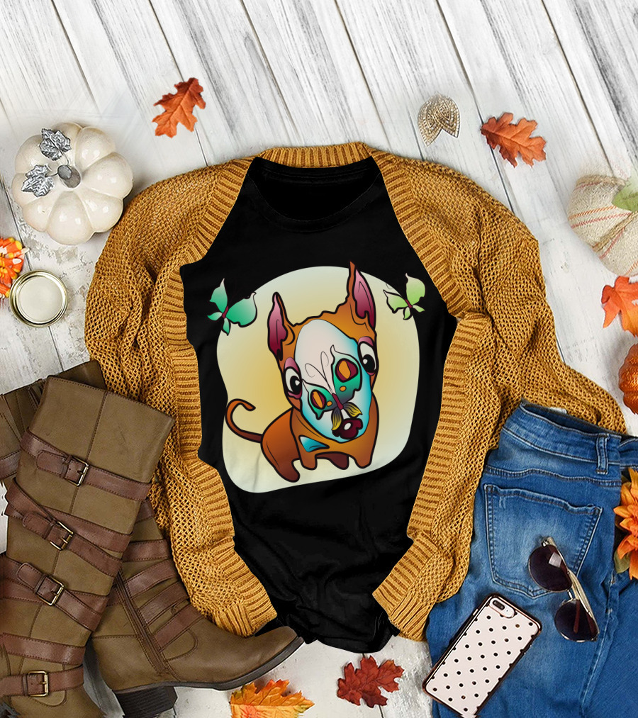 Curious Bull Terrier Dog with Colorful Butterflies and Whimsical T-Shirt