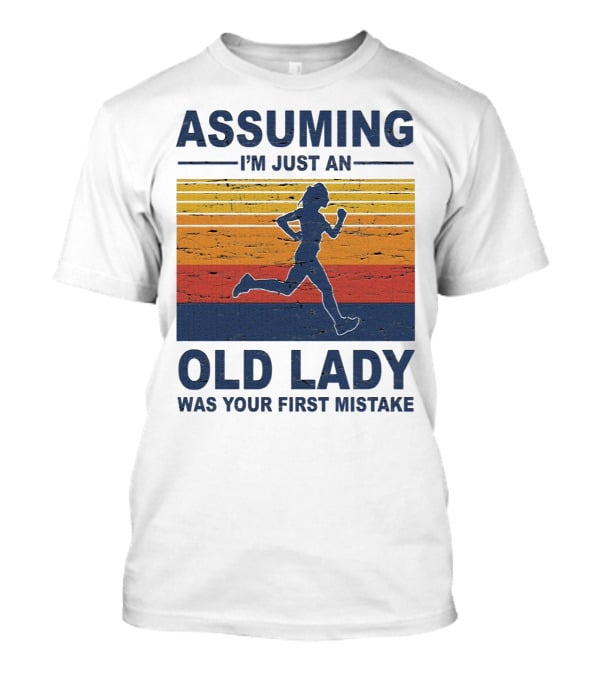 Assuming I'm Just An Old Lady Running Silhouette Retro Stripes T-Shirt