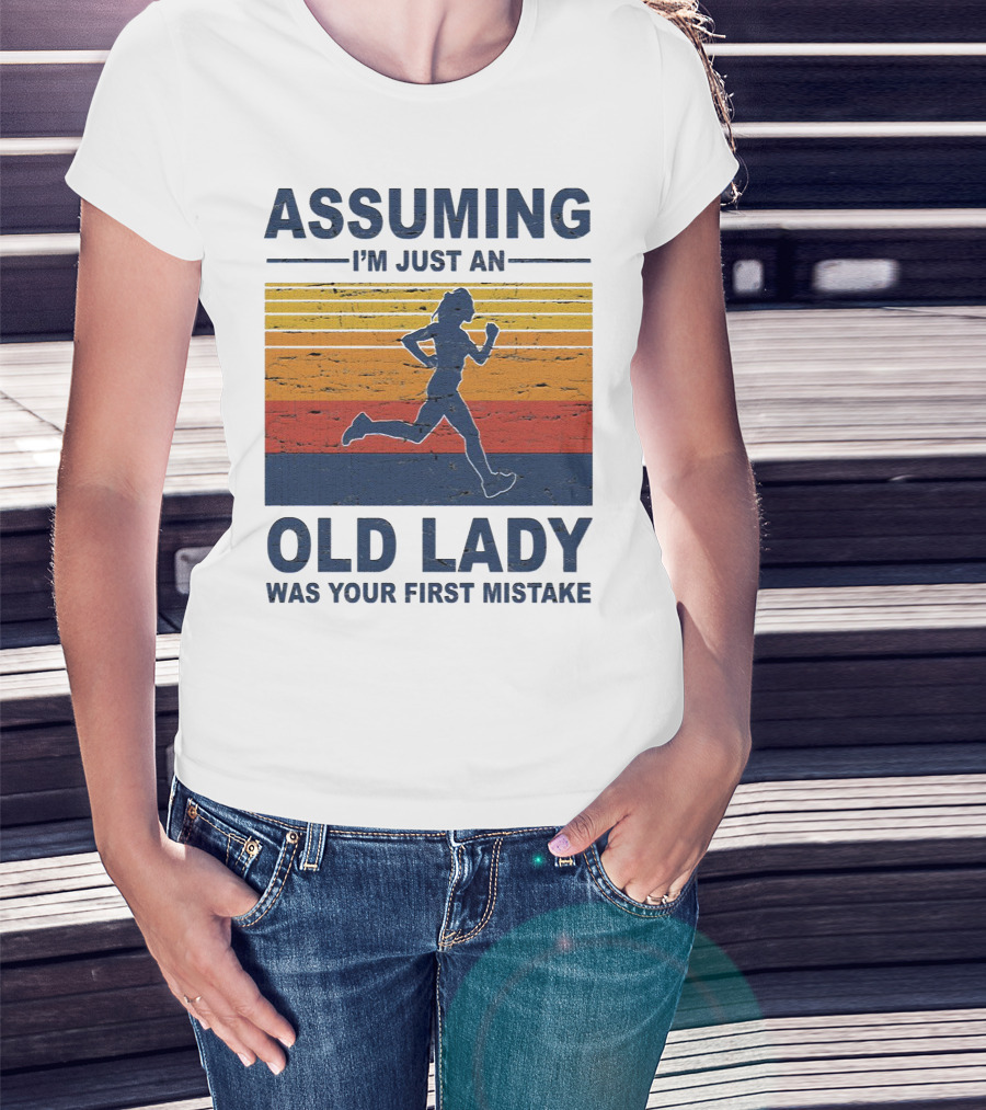 Assuming I'm Just An Old Lady Running Silhouette Retro Stripes T-Shirt